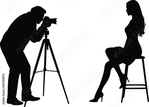 Photographer shooting female model silhouette in studio with camera on tripod professional photoshoot concept isolated vector illustration white background minimal