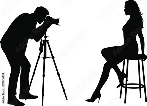 Photographer capturing female model silhouette seated on stool in studio with camera tripod professional photoshoot vector illustration isolated background