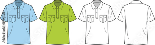 Polo shirt collection front and back view short sleeve pocket design apparel clothing vector illustration casual fashion template set