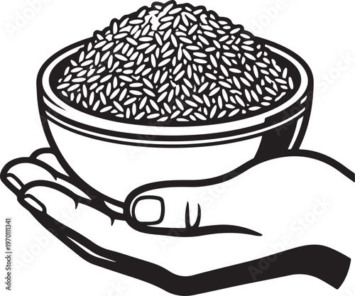 Hand holding a bowl filled with rice, black and white illustration, rice grain, flat lay
