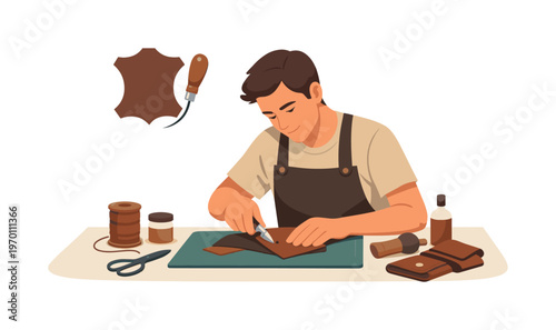 A leather crafting scene where a person carefully cuts and assembles material into a finished accessory in a quiet workshop environment with attention