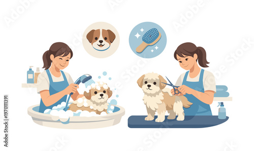 A pet grooming scene where a groomer carefully washes and trims an animal in a clean and friendly environment, a small dog and a brush symbol