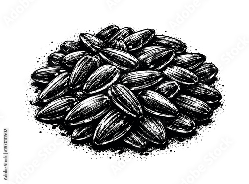A dense cluster of sunflower seeds still in partial husks shown in a slightly angled close view, enlarged to dominate the frame as a compact organic