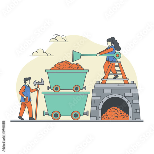 Workers loading coal into a furnace with carts.