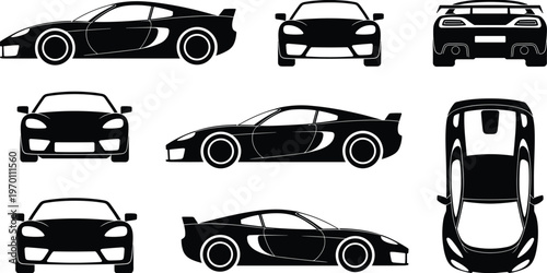 Sports car silhouette vector set multiple views front side rear top black isolated automotive illustration collection modern design clean minimal