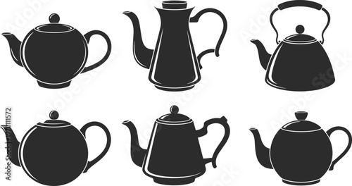 Teapot silhouette vector set classic kettle collection multiple styles black isolated kitchenware illustration vintage modern tea pot design