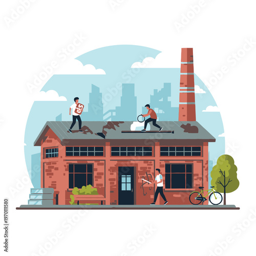 Workers Repairing Old Brick Factory Rooftop Construction.