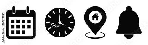 Date, Time, Location Pointer and Notification vector icon set in black color. Calendar, Clock, Address and Notification Bell flat icons design. Vector illustration.
