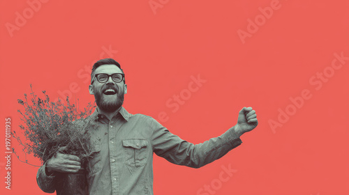 landscape designer stands joyfully against solidcolored wall radiating inspiration and creativity