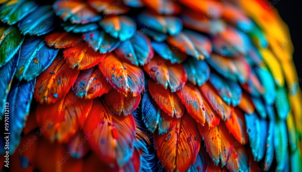 Obraz premium The image features a close up view of a vibrant and colorful arrangement of feathers, predominantly in shades of orange, blue, and turquoise