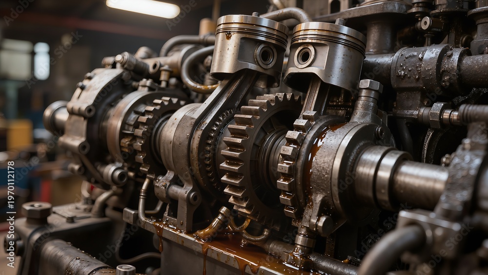 Fototapeta premium Close-up of internal combustion engine metal parts, pistons and crankshaft in workshop gear mechanism machine engineering concept