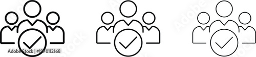 Three-line art icons depicting groups of people with checkmarks inside shields
