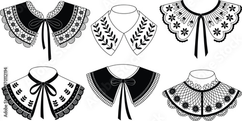 Vintage lace collar collection vector illustration, decorative fashion neck accessories set with floral patterns isolated on white background for design