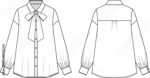 Women blouse front and back view vector illustration long sleeve bow tie shirt mockup template elegant apparel clothing outline design