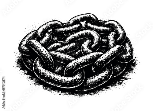 A vintage ship anchor chain segment shown in a tight coiled arrangement, viewed from slightly above so multiple interlocked links overlap and fill