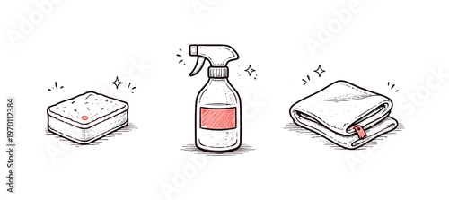 Simple home care set theme  a horizontal row of 3 related hand-drawn objects on a white background: a small sponge with a tiny pink dot detail, a
