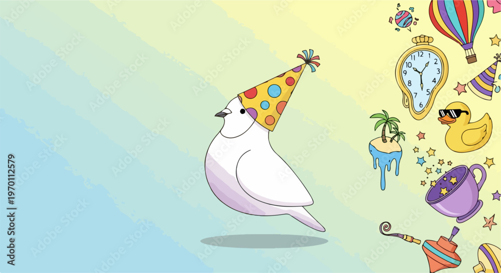 Fototapeta premium White cartoon party bird with colorful polka dot hat on gradient blue and yellow background, surrounded by whimsical elements. Playful avian illustration features melting clock, hot air balloon,