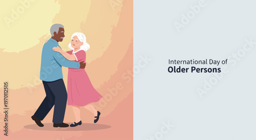 International Day of Older Persons vector illustration of happy senior couple dancing gracefully, celebrating active aging and joyful retirement.