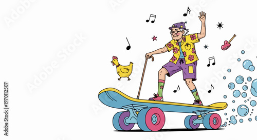 Energetic senior man skateboarding with a cane, enjoying music and bubbles, vector illustration for active aging and fun lifestyle concepts.