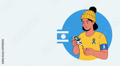 Diabetes awareness vector illustration of young person checking blood sugar levels with glucose meter, promoting health education and support.