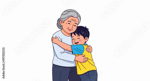 Grandparent hug illustration depicts elderly woman embracing young boy affectionately. Joyful grandparent hug symbolizes intergenerational affection, strong family bond.