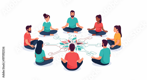 Diverse individuals performing group meditation, sitting in lotus pose. Peaceful group meditation promotes inner calm, mental clarity, and spiritual growth. Concept group meditation for wellness.