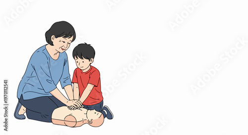 Adult woman and child engaged in CPR training using an infant mannequin during a first aid course. Hands on CPR training demonstrates critical life saving techniques for emergency situations.