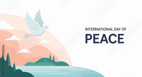 Illustration for International Day Peace featuring flying dove and serene landscape with water and clouds. Symbolic white pigeon soars over tranquil environment,