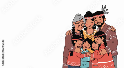 Warm Indigenous family portrait, multi generational group embracing with joy and cultural attire. Happy Indigenous family includes grandmother, parents, and children, smiling together in unity.