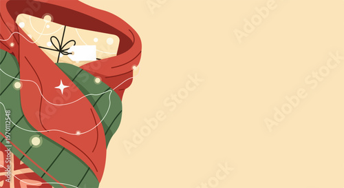 Illustration depicts cozy holiday gift nestled within warm red green patterned scarf. String lights illuminate wrapped present with festive glow, creating inviting scene for seasonal celebration.