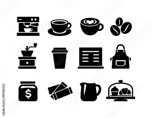 Coffee shop and cafe: espresso machine, coffee cup, latte art cup, coffee beans, grinder, takeaway cup, menu board, barista apron, tip jar, sugar