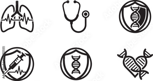 Set of medical and healthcare icons including lungs, stethoscope, and DNA helix