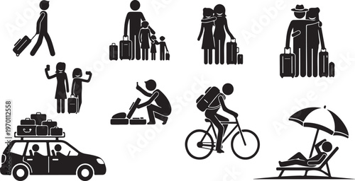 Travel Adventures: A collection of various travel scene, each depicting unique moments and experiences. Reflecting diverse ways of travel and vacations. 