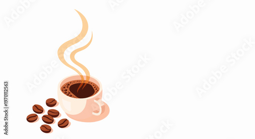 Steaming cup of coffee illustration with scattered roasted beans on clean white background. Hot brewed cup of coffee emits fragrant steam, accompanied by whole dark brown beans.
