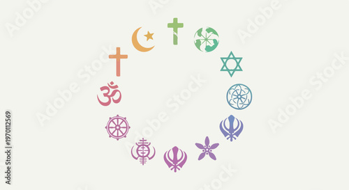 Colorful religious symbols arranged in harmonious circle, representing faith and spirituality. Diverse religious symbols depict global beliefs, fostering interfaith dialogue.