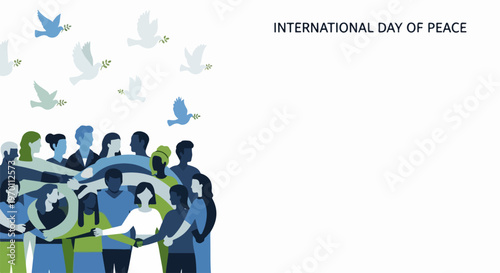 International Peace Day illustration with diverse group people embracing, holding hands together. Global community symbolizes solidarity, mutual support, celebrating International Peace Day.