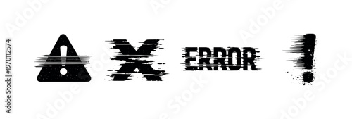 Digital error symbols and warnings theme, a set of 3 glitch-distorted monochrome objects placed on a perfectly clean white background