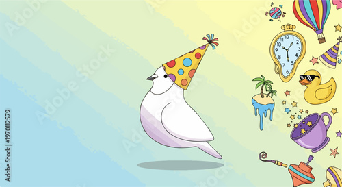 White cartoon party bird with colorful polka dot hat on gradient blue and yellow background, surrounded by whimsical elements. Playful avian illustration features melting clock, hot air balloon,