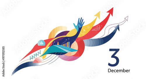 Modern abstract illustration for December 3, showing upward arrows, reaching hand, vibrant flowing shapes. Dynamic December 3 design symbolizes progress, growth, future aspirations.