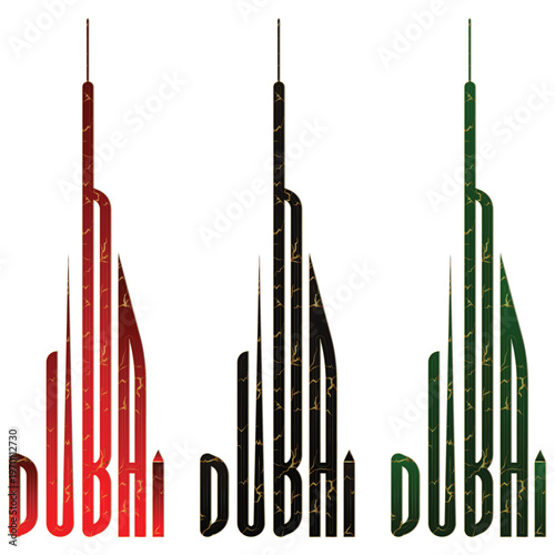 Dubai Skyline Typography with Burj Khalifa Vector Illustration, Set of Red Black and Green Dubai Landmark Logo for Travel and Tourism Design