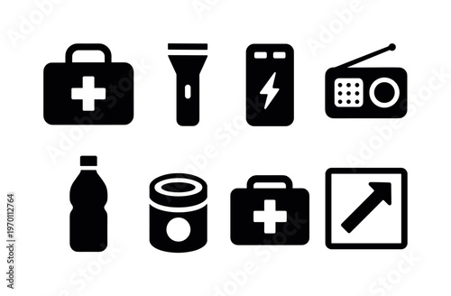 Disaster preparedness: emergency kit, flashlight, battery pack, radio, water bottle, canned food, first aid kit, evacuation route sign