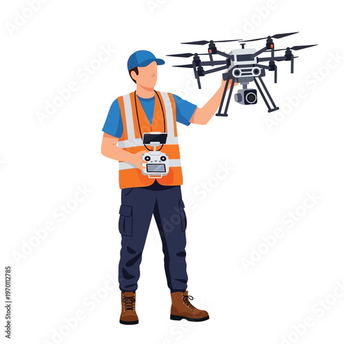 Illustration of a technician operating a drone with a remote control