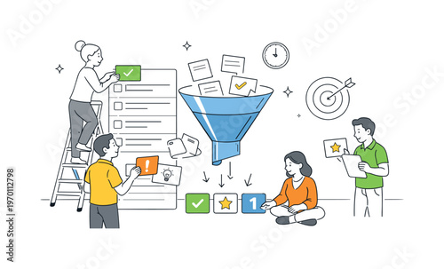 A backlog management and task prioritization scene showing a small team sorting items around a large stacked list and a filter icon, using a clear
