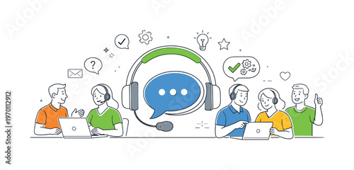 A customer support interaction scenario where a service team assists users and resolves issues efficiently, built around a visual metaphor of a