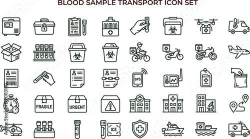 Blood sample transport medical logistics line icon set for laboratory delivery healthcare shipping interface symbols vector applications