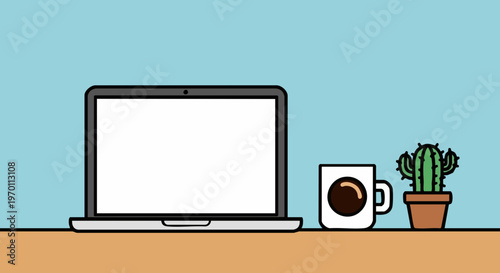 A modern minimalist illustration showcases a neatly organized workspace featuring a silver laptop with a blank screen, a coffee mug, and a potted cactus on a wooden desk, against a clean light blue ba