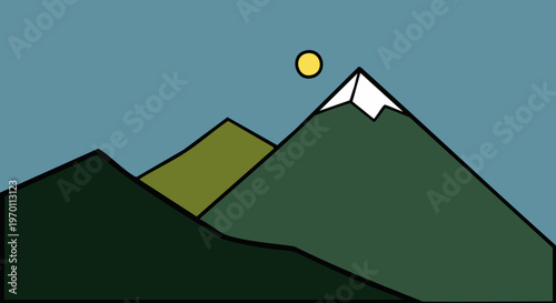 A charmingly minimalist and clean vector illustration showcasing a majestic snow-capped mountain peak towering over verdant hills under a clear blue sky with a bright yellow sun, perfectly capturing t