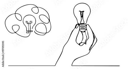 Continuous line drawing elegantly depicts a thoughtful concept, showcasing a human hand firmly holding an illuminated light bulb, symbolizing a brilliant new idea, as it emerges from a stylized brain 