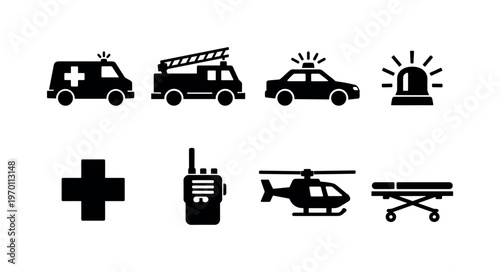 Emergency services: ambulance, fire truck, police car, emergency siren, first aid cross, radio, rescue helicopter, stretcher