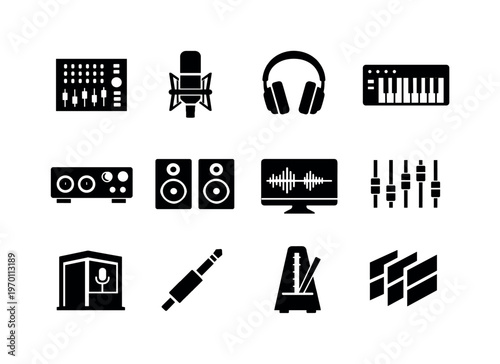 Music production and studio: mixing console, studio microphone, headphones, MIDI keyboard, audio interface, studio monitor speakers, waveform screen